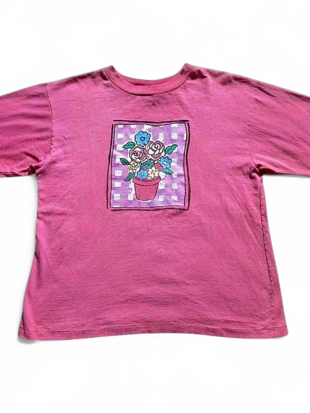 Vintage 1990s Pink Floral Flower vase Graphic Tee womens XL